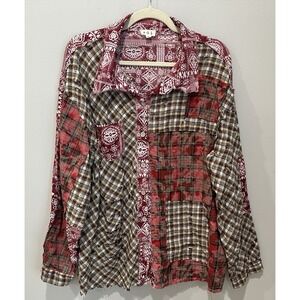 POL Patchwork Flannel Shirt Jacket M Red Plaid Bandana Boho Grunge Raw Hem